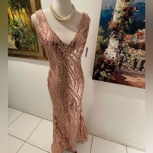 NWT Night Way Rose Gold Side illusion V neck Gown Size 6